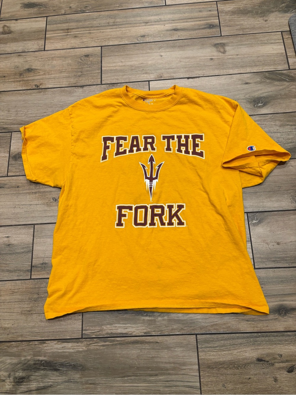 Champion Mens XL Gold Arizona State University Fear The Fork Sun Devils T Shirt